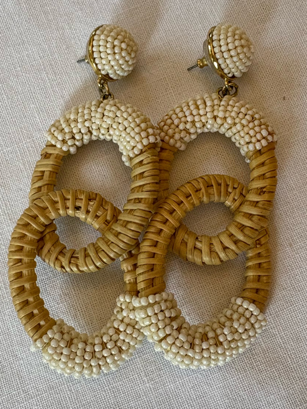 Cream and Natural Woven Bead Hoop Drop Earrings